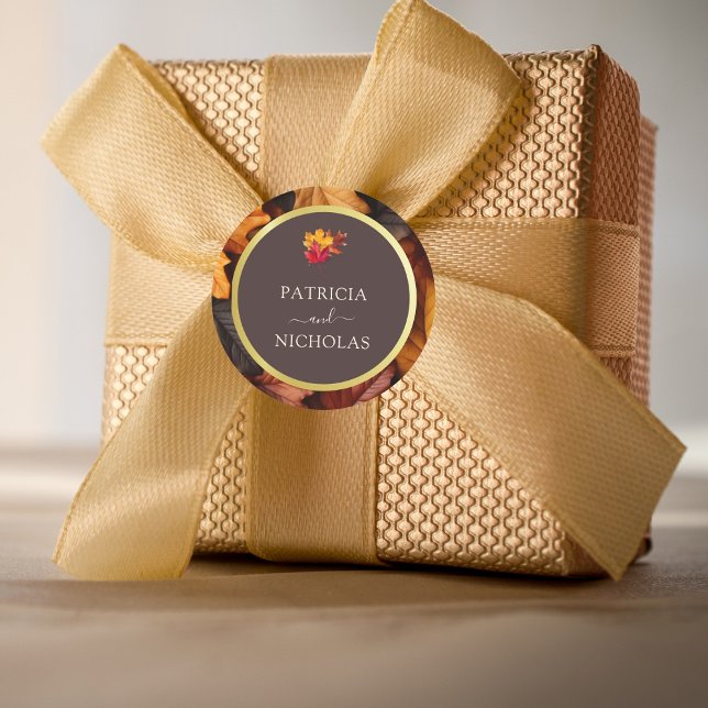 Autumn Woody Brown & Elegant Golden frame Wedding  Classic Round Sticker (Creator Uploaded)