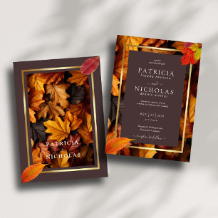 Autumn Woody Brown & Elegant Golden Frame Wedding Invitation