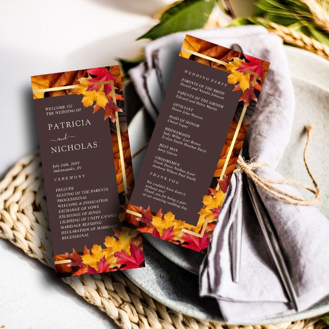 Autumn Woody Brown & Elegant Golden frame Wedding Programme (Creator Uploaded)