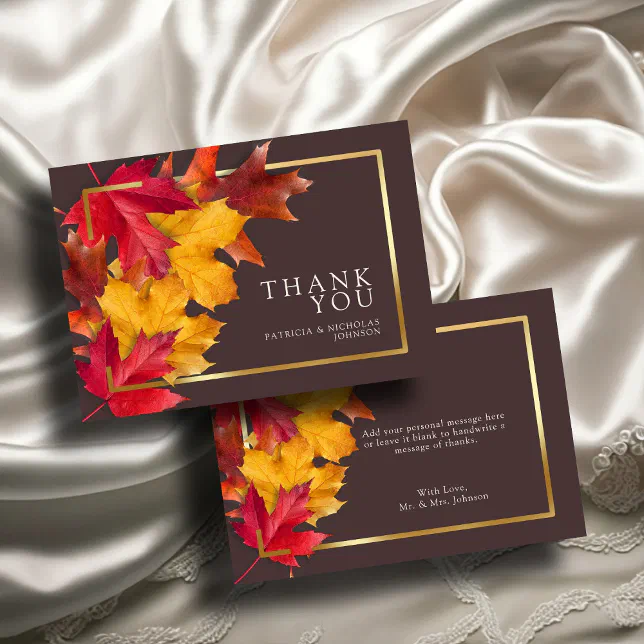 Autumn Woody Brown & Elegant Golden Frame Wedding Thank You Card | Zazzle