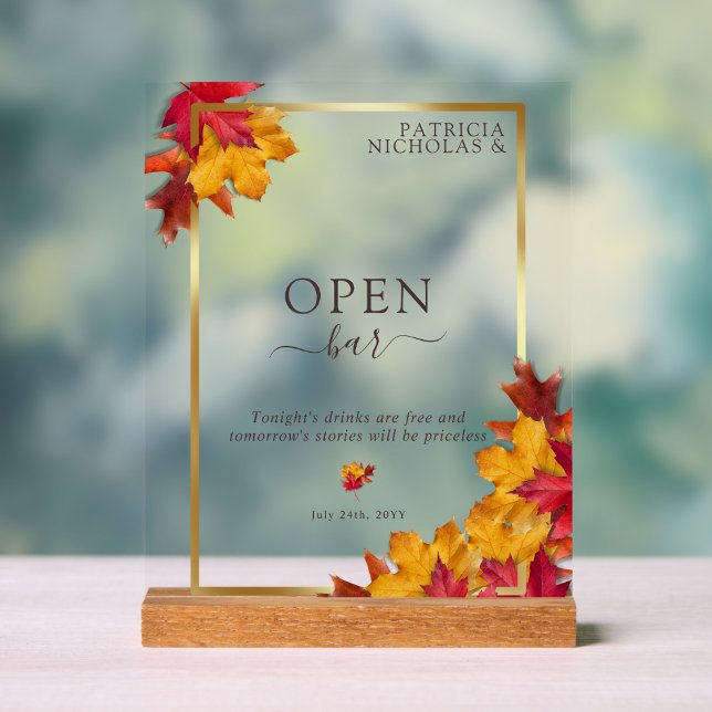Autumn Woody Brown Elegant Golden Wedding Open Bar Acrylic Sign (Creator Uploaded)