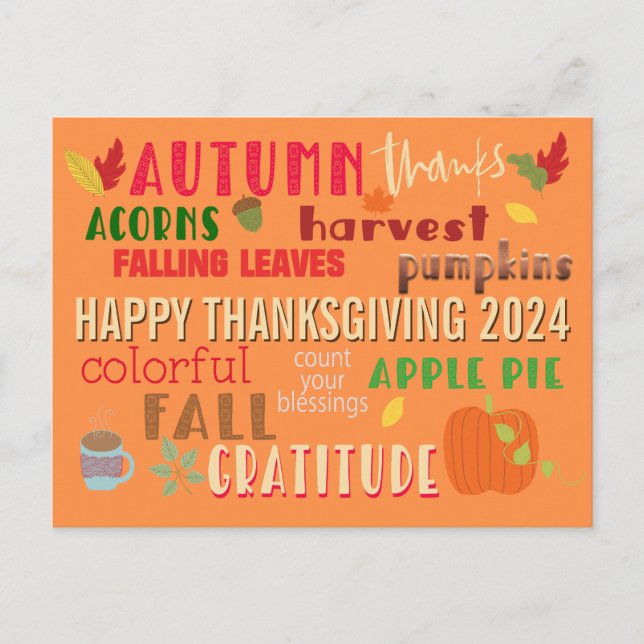 Autumn WordArt Pattern Happy Thanksgiving 2024 Postcard (Front)