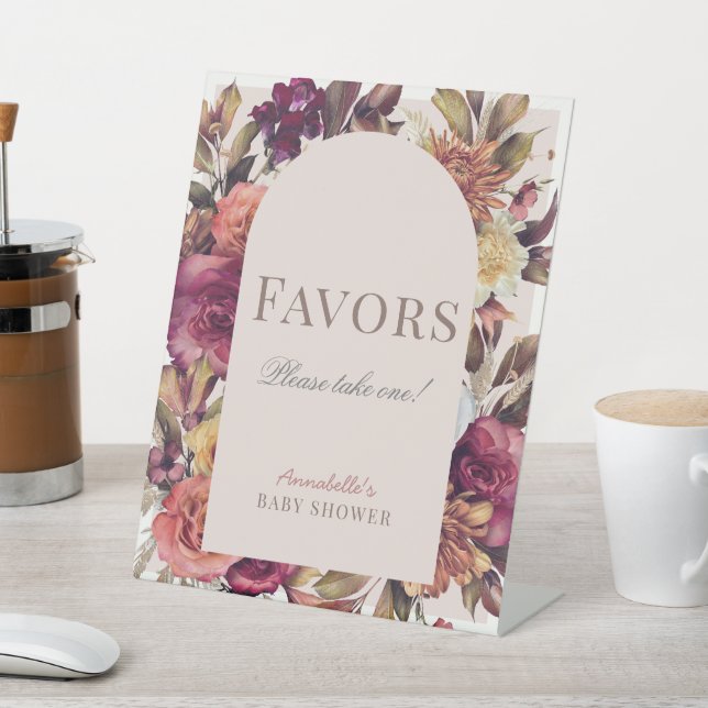 Autumn Wreath Arch Pink Baby Shower Favours Pedestal Sign (In SItu)