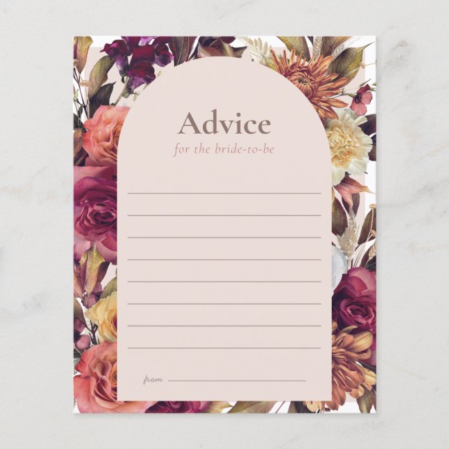 Autumn Wreath Arch Pink Bridal Shower Advice Card (Front)