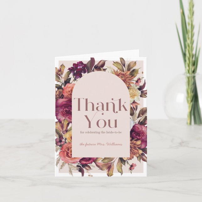 Autumn Wreath Arch Pink Bridal Shower Thank You Card (Front)
