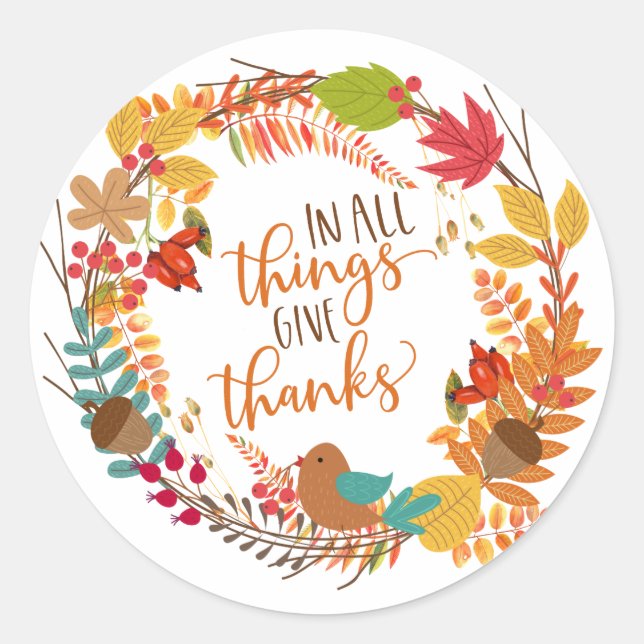 Autumn Wreath Give Thanks Classic Round Sticker (Front)