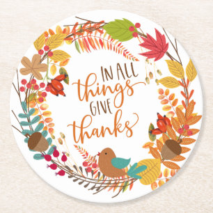 Autumn Wreath Give Thanks Round Paper Coaster