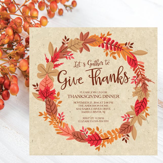 Autumn Wreath Give Thanks Thanksgiving Dinner Invitation (Creator Uploaded)