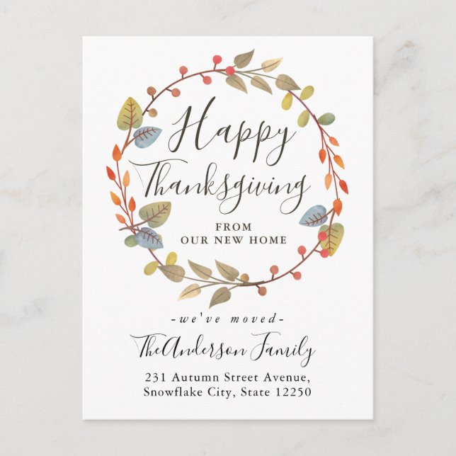 Autumn Wreath Happy Thanksgiving Holiday Moving Announcement Postcard (Front)