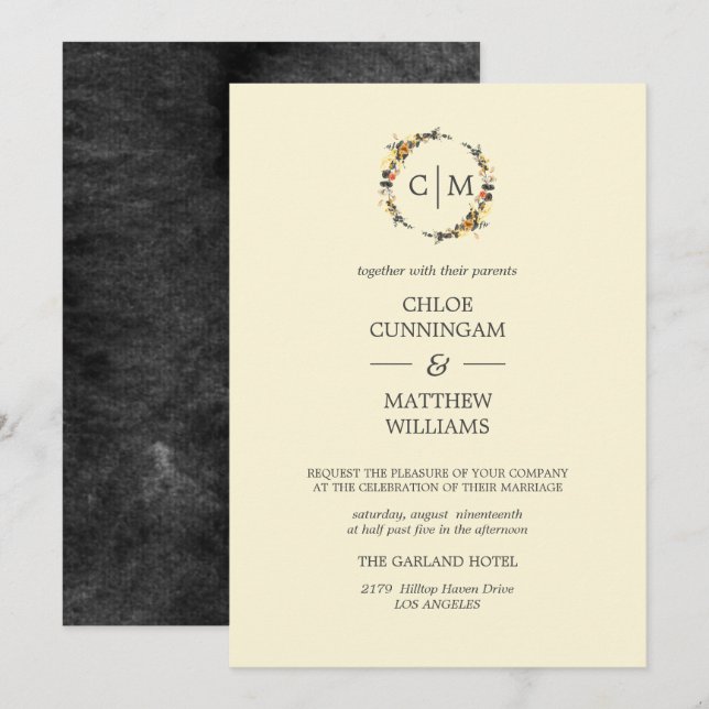Autumn Wreath | Modern Monogram Wedding Invitation (Front/Back)