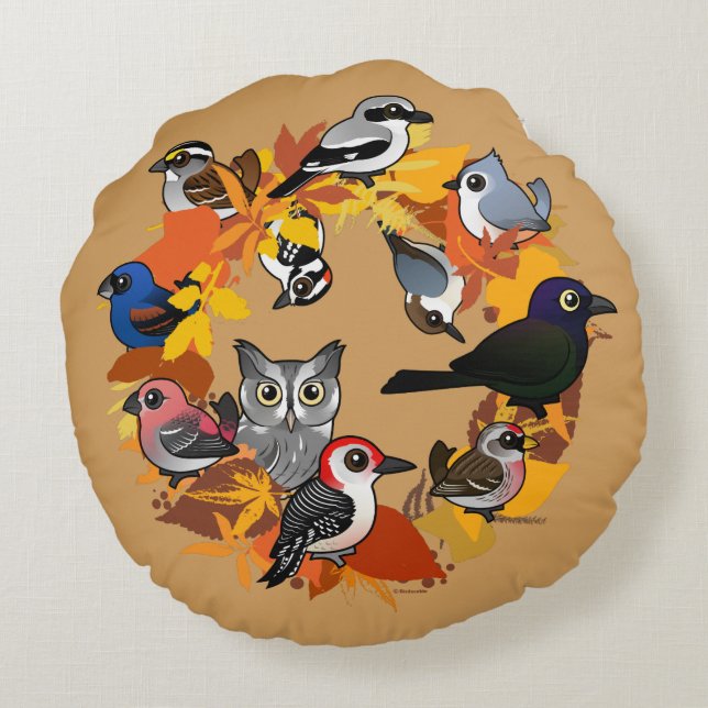 Autumn Wreath of North American Birds Round Cushion (Back)