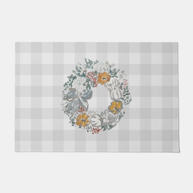 Autumn Wreath Painting Buffalo Check Pattern Grey Doormat (Front)