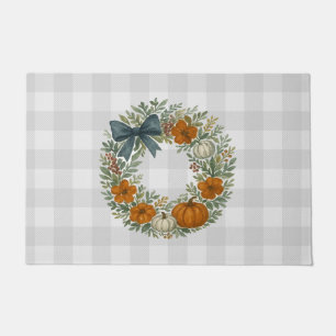 Autumn Wreath Painting Buffalo Check Pattern Grey Doormat
