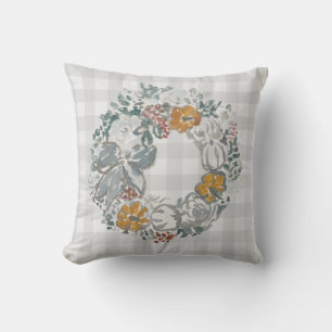 Autumn Wreath Painting Grey Check Pattern Cushion