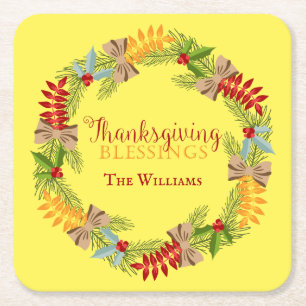 Autumn Wreath Thanksgiving Blessings Square Paper Coaster