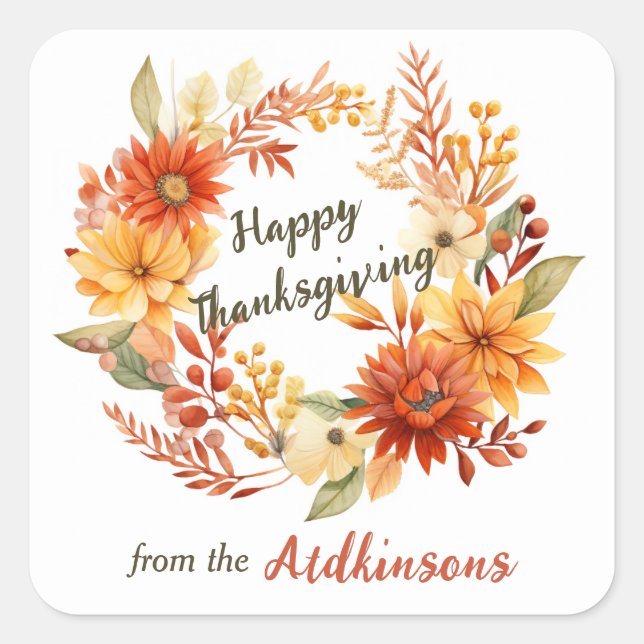 Autumn Wreath Thanksgiving Correspondence Square Sticker (Front)