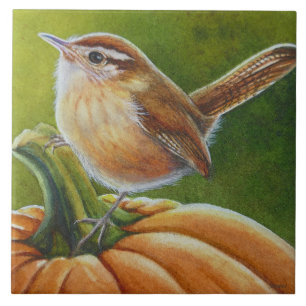 Autumn Wren Bird on Orange Pumpkin Watercolor Art Tile