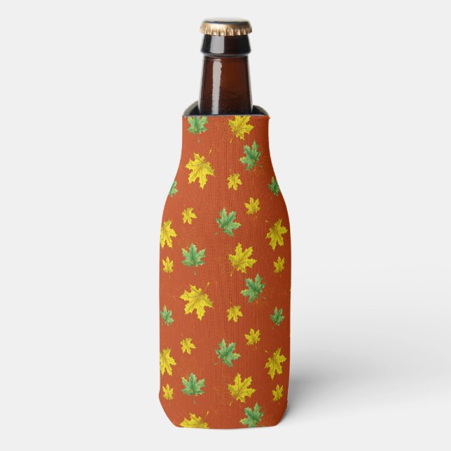Autumn Yellow & Green Leaves Bottle Cooler (Bottle Front)