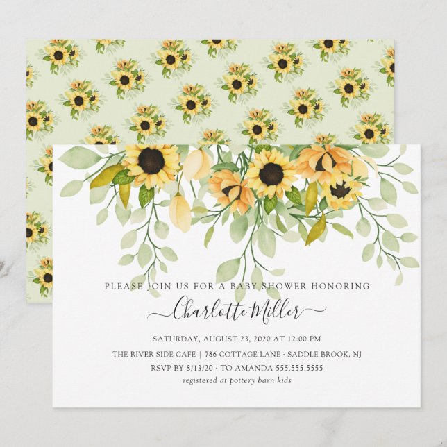 Autumn Yellow Sunflower Floral Baby Shower Invitation (Front/Back)