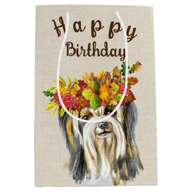 Autumn Yorkshire Terrier Birthday Medium Gift Bag (Front)
