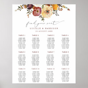 Autumnal Blooms Burgundy Wedding Seating Plan Poster