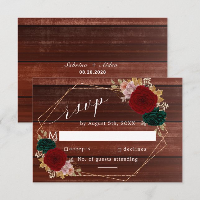 Autumnal Burgundy Wooden Emerald Greeny Floral RSVP Card (Front/Back)