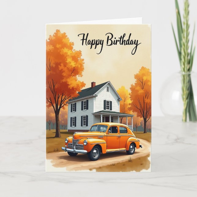Autumnal Car Birthday Card (Front)