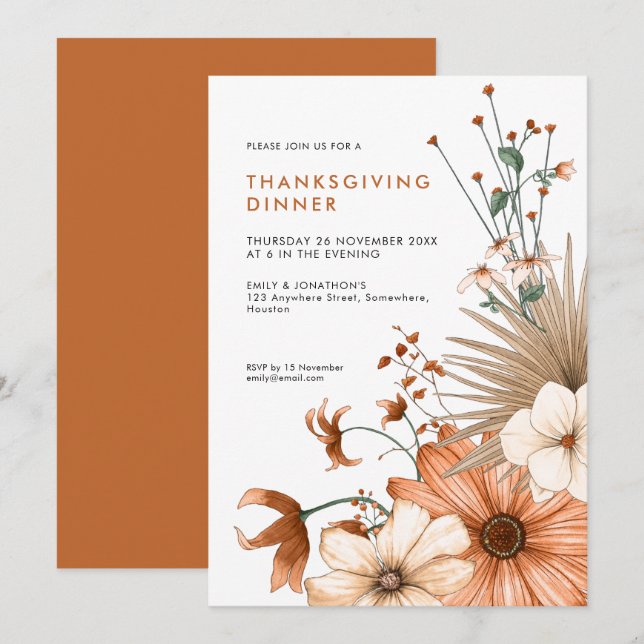 Autumnal Colours Floral Foliage Thanksgiving Dinne Invitation (Front/Back)