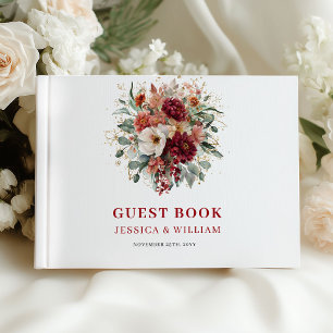 Autumnal Deep Red Floral Wedding Guest Book