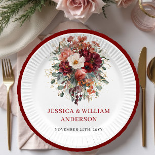 Autumnal Deep Red Floral Wedding Paper Plates