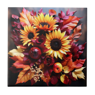 Autumnal Elegance Watercolor Leaves and Sunflowers Tile