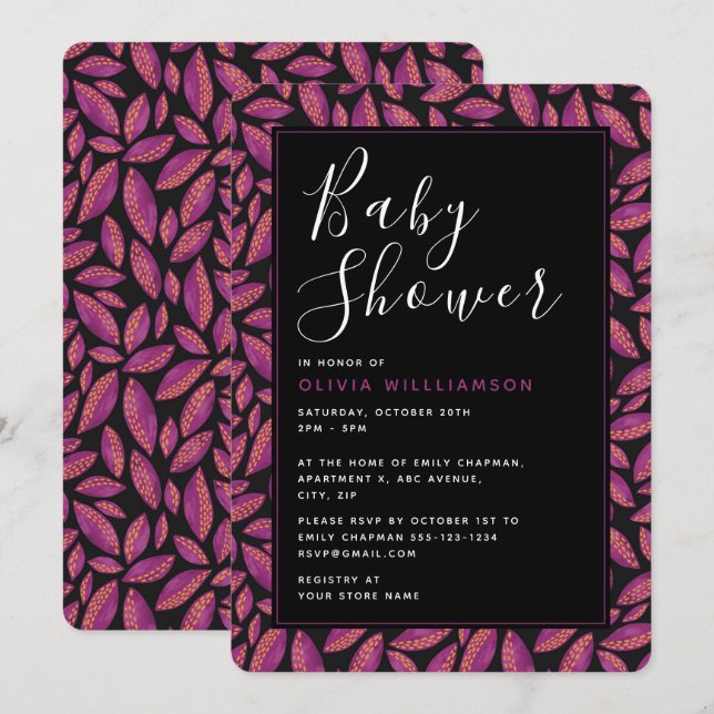 Autumnal Fall Purple Leaves Baby Shower Invitation (Front/Back)