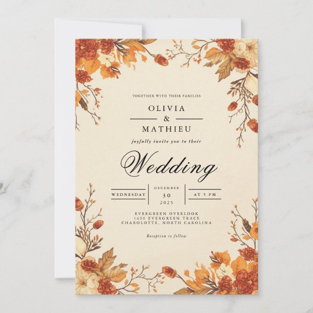 Autumnal Floral Arch Wedding Invitation (Front)