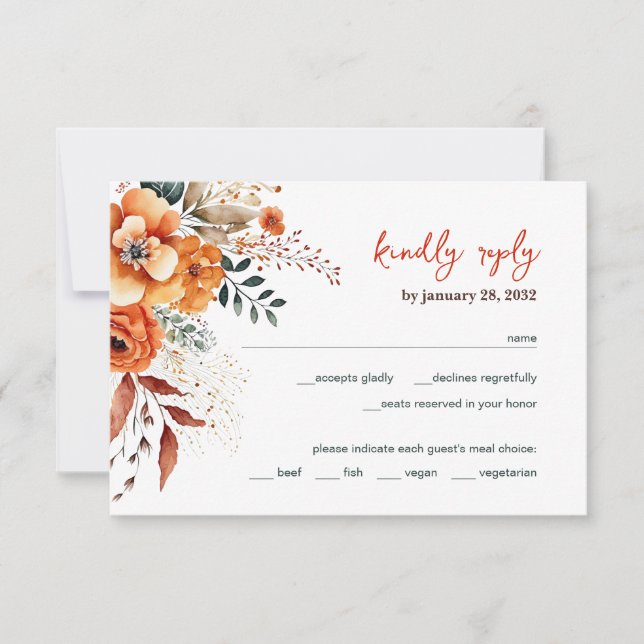 Autumnal Floral elegant wedding white RSVP Card (Front)
