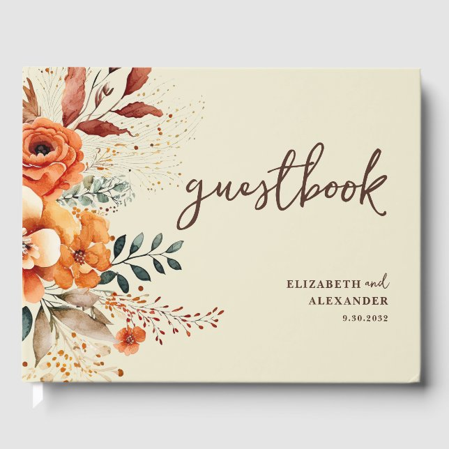 Autumnal floral warm tones botanical wedding guest book (Front)
