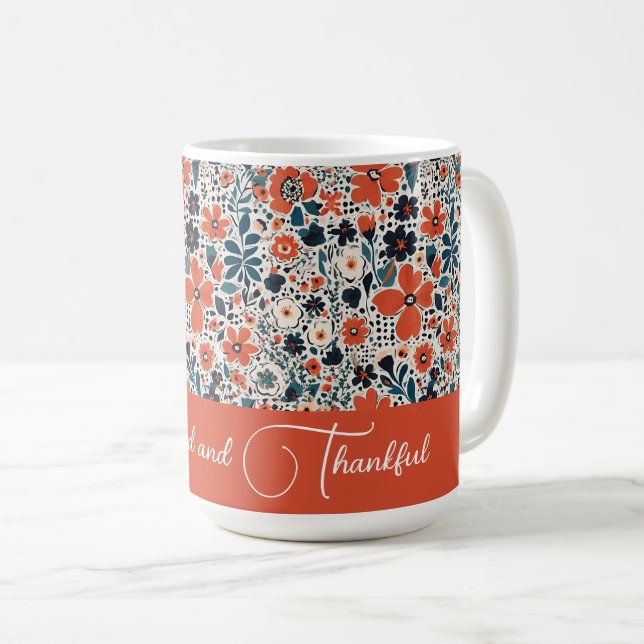 Autumnal Florals Cute Retro Blessed And Thankful Coffee Mug (Front Right)