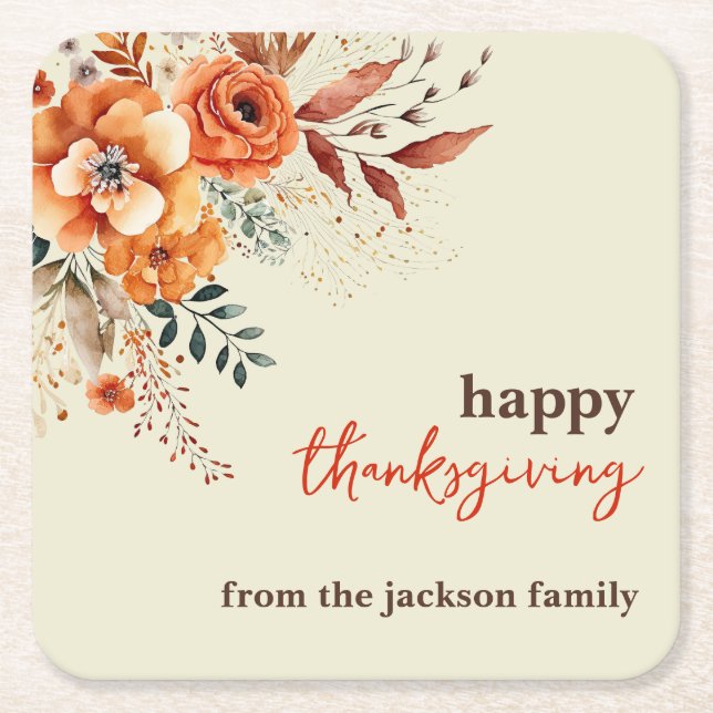 Autumnal flowers thanksgiving elegant square paper coaster (Front)