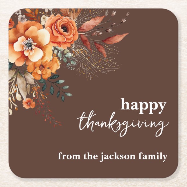 Autumnal flowers thanksgiving elegant square paper coaster (Front)