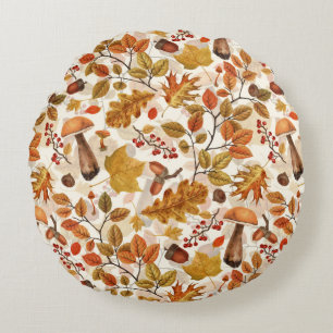Autumnal forest on off white round cushion