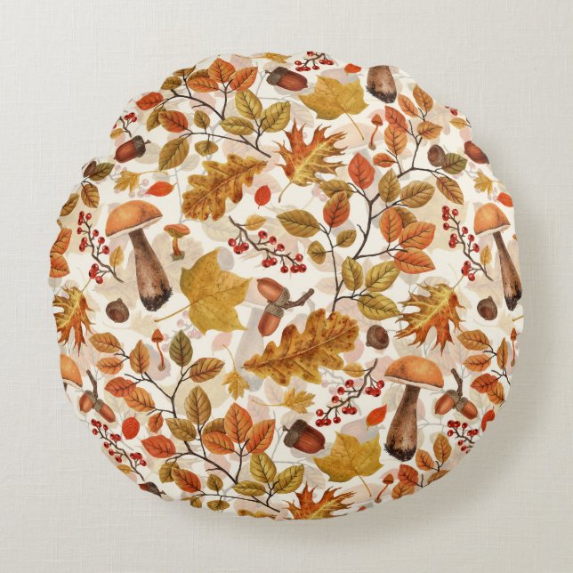 Autumnal forest on off white round cushion (Front)