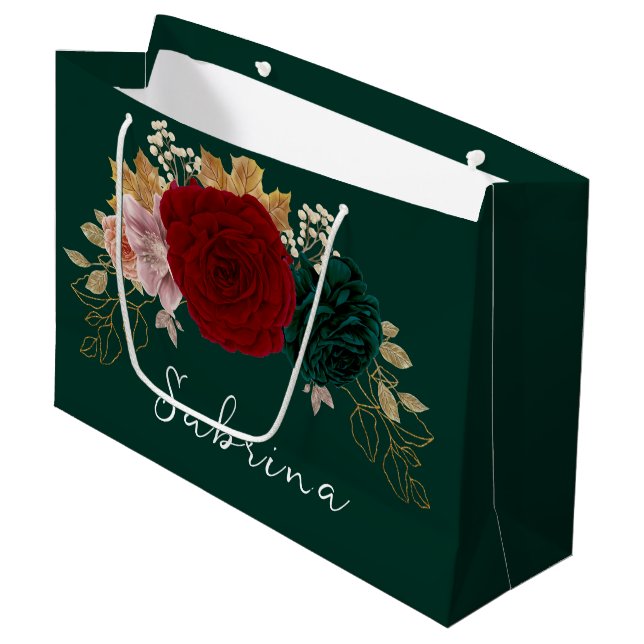 Autumnal Gold Burgundy Emerald Greeney Floral  Large Gift Bag (Front Angled)