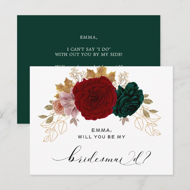 Autumnal Gold Burgundy Emerald Greeny Bridesmaid Postcard (Front/Back)
