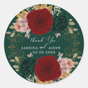 Autumnal Gold Burgundy Emerald Greeny Floral  Classic Round Sticker