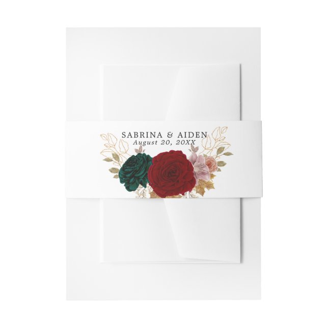 Autumnal Gold Burgundy Emerald Greeny Floral  Invitation Belly Band (Front Example)