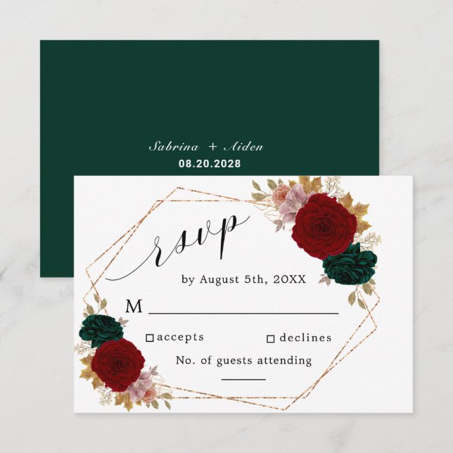 Autumnal Gold Burgundy Emerald Greeny Floral RSVP (Front/Back)