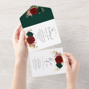 Autumnal Gold Burgundy Emerald Greeny Wedding All In One Invitation