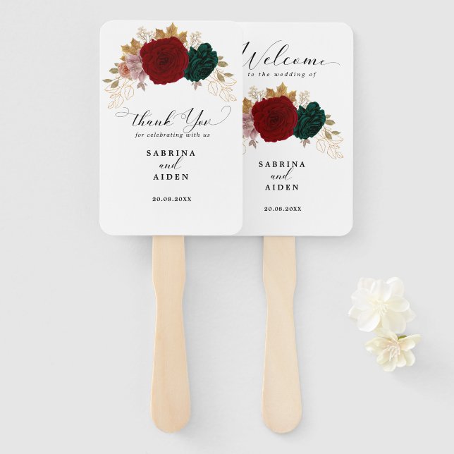 Autumnal Gold Burgundy Emerald Greeny Wedding Hand Fan (Front and Back)