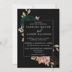 Autumnal Gold Burgundy Emerald Greeny Wedding Invitation