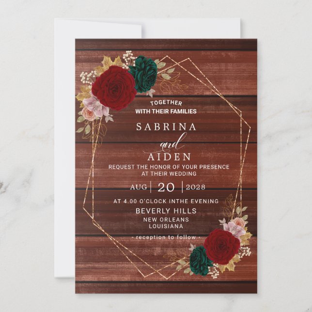 Autumnal Gold Burgundy Emerald Greeny Wedding  Invitation (Front)