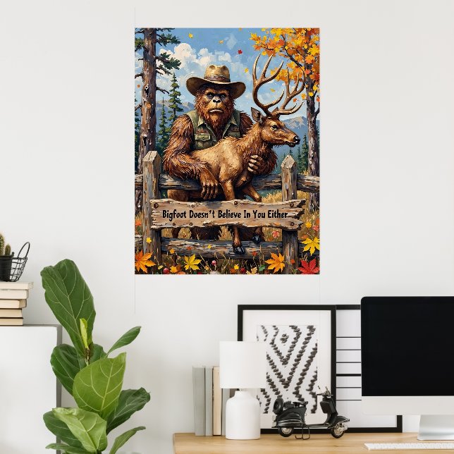 Autumnal Irony: Bigfoot's Woodland Observation Poster (Home Office)
